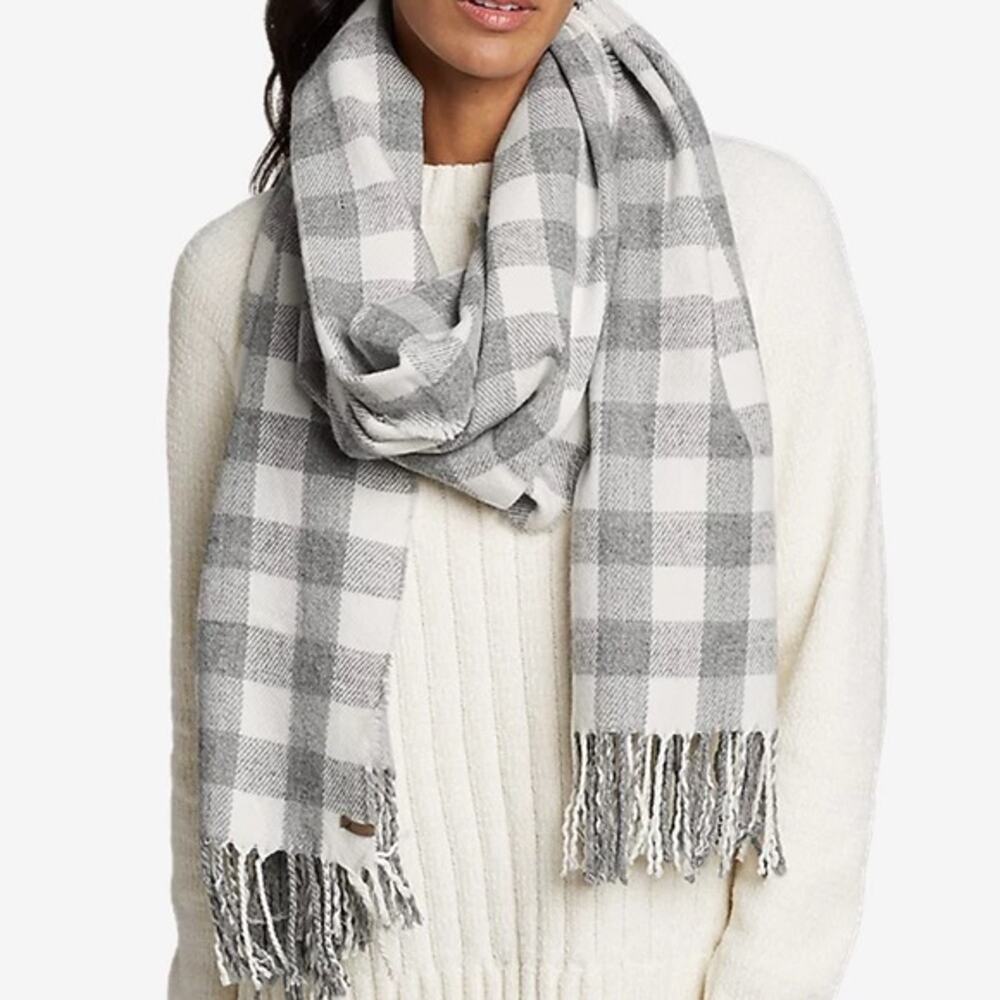 Eddie Bauer Favorite Flannel Scarf OS Gray White Fringe Acrylic Check Plaid New